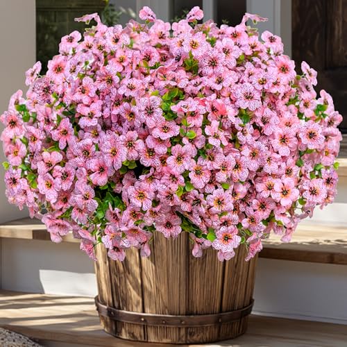 AXYLEX Artificial Flowers for Outdoors Fake Plants - 16 Bundles Faux Outside Greenery Boxwood No Fade Plastic Shrubs Fall Decor Farmhouse Home Garden Thanksgiving Mums (Pink) - color: Pink