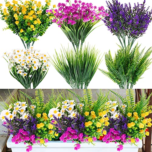 Cindeer 24 Bundles Artificial Flowers Planters Bulk for Outdoors, UV Resistant Artificial Fake Greenery Plastic Faux Flowers Plant Outdoor Indoor Spring Summer for Decors Wedding(Lively Color) - color: Lively Color