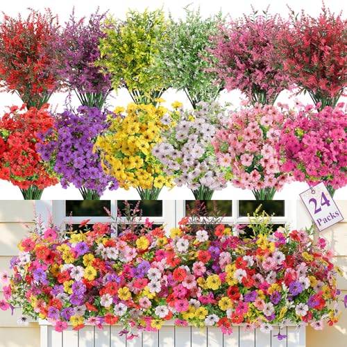 SHareconn 24 Bundles Artificial Flowers for Outdoors, Faux Plants Fake Silk Colorful Daisy Eucalyptus Lavender, UV Resistant for Outside Home Porch Patio Spring Decor, RedRosyPurpleYellowPinkWhite - color: Redrosypurpleyellowpinkwhite