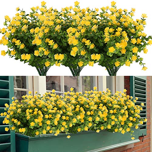 6 Bundles Artificial Flowers, Fake Artificial Greenery UV Resistant No Fade Faux Plastic Plants for Wedding Bridle Bouquet Indoor Outdoor Home Garden Kitchen Office Table Vase (Yellow) - color: Yellow