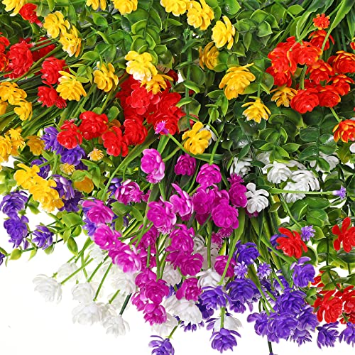 WILLBOND 12 Bundles Artificial Flowers Outdoor, UV Resistant Faux Artificial Plants Shrubs Plastic Flower Bulk for Hanging Planter Porch Window Home Spring Summer Decor(Multi Color) - color: Multi Color
