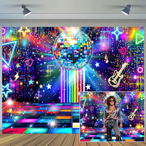 5X3ft Disco Backdrop 70s 80s 90s Disco Ball Stage Retro Neon Photography Background Wedding Birthday Party Decoration Prom Portrait Photo Props Wall Decor Banner - color: Multi3, size: 5X3FT