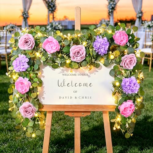 Livole 2Pcs 12 FT Artificial Flower Garland with Lights Pink Fake Roses Peony Floral Garland with Eucalyptus Flower Hanging Vine for Wedding Arch Table Centerpieces Backdrop Party Home Decor - color: Pink With Light, size: 2 Pcs