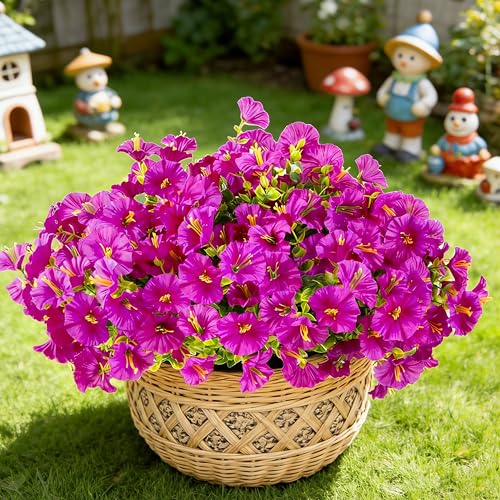 BSGlobal 12 Bundles Artificial Flowers for Outdoors Decoration, Faux Silk Morning Glory Flowers UV Resistant Fake Eucalyptus Plants for Spring Summer Garden Patio Home Decor (Fuchsia) - color: Fuchsia