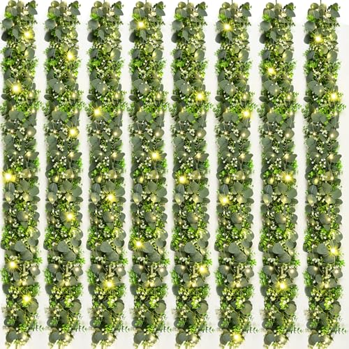 8Pcs Eucalyptus Garland with Lights, Greenery Garland, Green Garland with Flowers, 5.9FT Artificial Faux Eucalyptus Leaves Vines for Table Mantle Home Wedding Party Indoor Outdoor Decor（2 Long Lights） - color: Eucalyptus Garland With Lights, size: 8Pcs