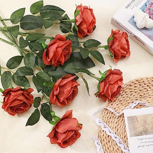 Tifuly Orange Roses Artificial Flowers -12 Pcs Long Stem Silk Roses, Realistic Fake Roses with Stem for Bridal Bouquets, Home and Office DIY Decor - color: Orange