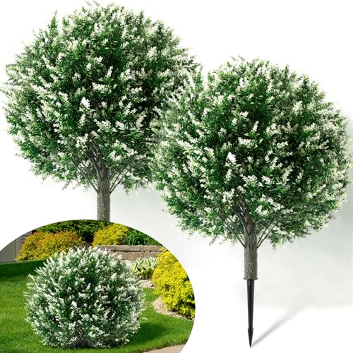 Lunmon 2 Pack 24" Artificial Topiary Ball Plants Trees with Flowers, Outdoor Fake Topiary Plants with Ground Spike, UV Resistant Faux Bushes for Indoor Outdoor Front Door Decor(White,Lavender) - color: White, style: Lavender