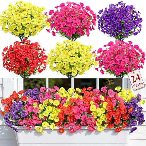 Alupssuc 24 Bundles Artificial Flowers for Outdoors, Faux Spring Flowers for Decoration, UV Resistant Silk Morning Glory with Eucalyptus Realistic Fake Flowers for Yard Planter Porch Garden, 4 Colors - color: Red, Fuchsia, Deeppurple, Yellow