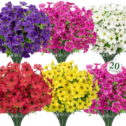20 Bundles Artificial Flowers for Outdoors, Fake Violet Flowers Silk Realistic UV Resistant Faux Artificial Plants Outdoors for Window Box Garden Patio Front Porch Home Indoor Outside Decorations - color: Purple Fuchsia White Yellow Red