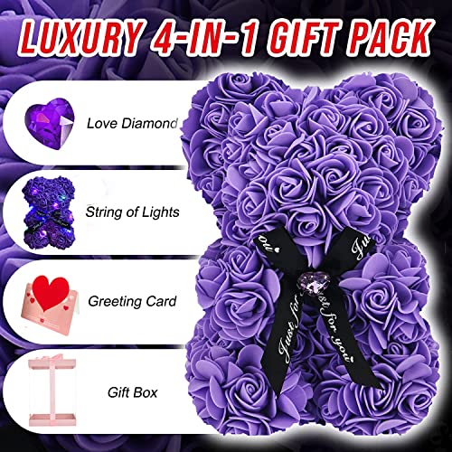 Lgv Flower Rose Bear,Romantic Gift for Valentine's Mother's Day, Christmas, Birthday,Girl Friend Her Mom Female Wife with Artificial Heart-Shaped Diamonds Purple - color: Purple