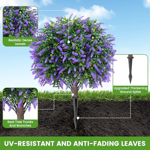 Artificial Topiary Ball Trees with Lavender, 2 Pack Artificial Shrubs Bushes with Ground Spike, Fake Plants for Outdoor Front Porch Decor UV Resistant - color: 2 Pack 23" Lavender