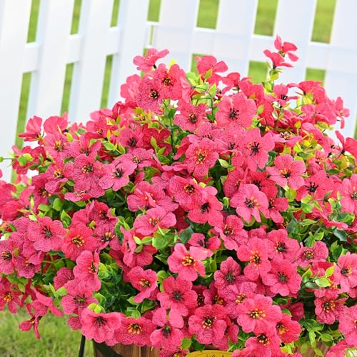 LADADA Artificial Flowers for Outdoors Fake Plants, 8 Bundles Fake Silk Rose Red Daisy Eucalyptus Realistic UV Resistant for Outside Home Planter Porch Patio Yard Decor - color: Red