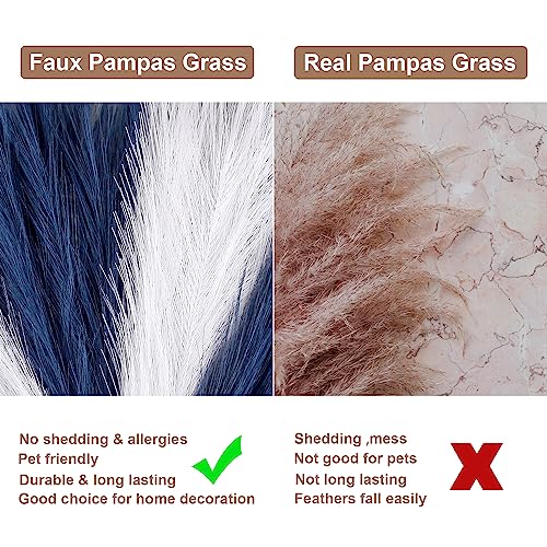 Blue and White Pampas Grass Decor, 30 Pcs 17" Faux Pampas Grass Short Decor, Pompas Grass Flower Arrangement and Vase Filler for Boho Home Wedding Decoration - color: Navy Blue& White, size: 17'' Tall