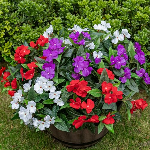 Nigirior Artificial Fake Flowers for Outdoor Décor 6 Bundles UV Resistant Fake Plants for Planter Faux Impatiens for Home Porch/Garden Stunning（Red/White/Purple） - color: Red/White/Purple