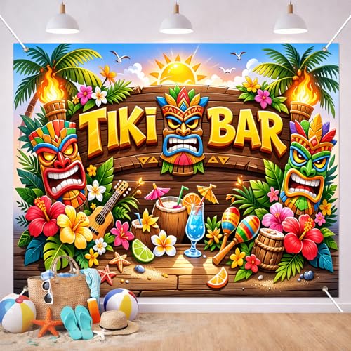BlissYard Tiki Bar Backdrop Hawaiian Luau Party Banner Tropical Beach Theme Decoration 8x6FT Large Aloha Tiki Mask Photo Booth Background Summer Birthday Pool Party Indoor Outdoor Event Photography - color: Tiki Bar Aloha#02
