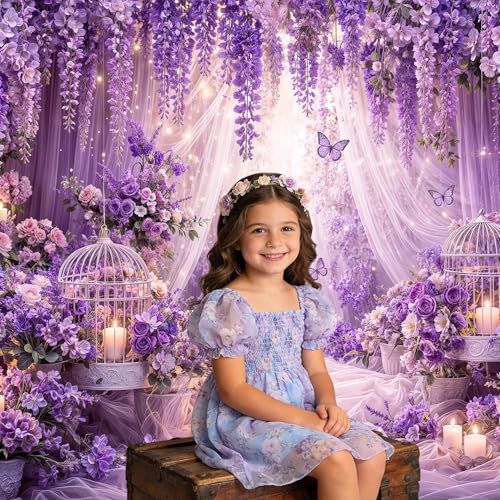 5x3ft Purple Butterfly Floral Backdrop for Photography Butterfly Flowers Girls Party Decorations Background Wedding Birthday Baby Shower Party Cake Table Decor Banner Photo Booth Props - color: Purple01, size: 5X3FT