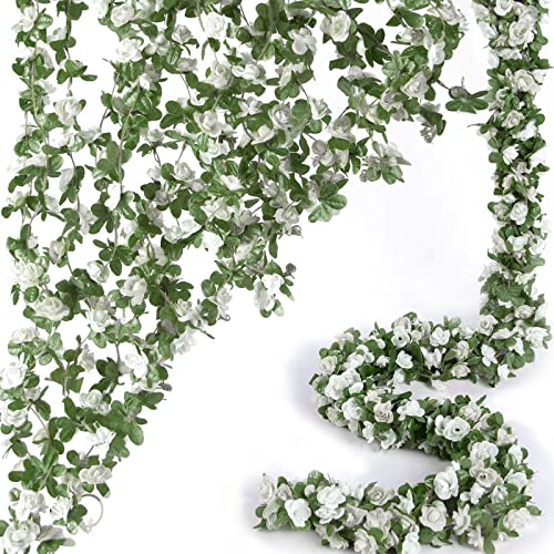 PONKING 8 Pcs x 8.2 ft Flower Garland Artificial Rose Vine Flowers with Green Leaves Hanging Fake Roses Vine for Room Party Home Wedding Birthday Christmas Wall Arch Decor, Spring White Flower - color: Spring-white-8pcs, size: 8 Vines 66FT