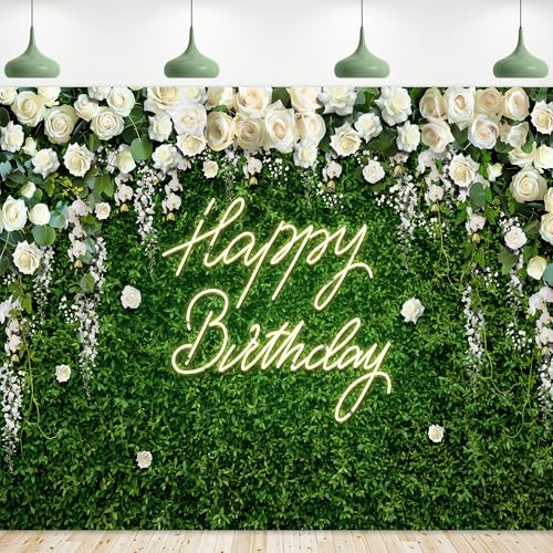 Riyidecor Green Leaves Birthday Backdrop Vinyl Neon White Rose Flower Floral Blossom Elegant Greenery Grass Wall Botanical Plant 10Wx8H Feet Photography Background Birthday Photo Studio Shoot - color: A-Birthday （White Rose）, size: 10Wx8H