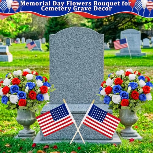 4 Bouquets Artificial Red White and Blue Patriotic Flowers 4th of July Decorations USA 250th Anniversary, Outdoor UV Resistant Realistic Fake Silk Roses Memorial Flowers for Cemetery Veterans Home - color: Red,white,blue