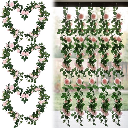 Zeyune 8 Pcs 54ft Artificial Pink Rose Flower Garland Realistic Silk Fake Flowers Hanging Vine for Wedding Party Arch Table Centerpieces and Wall Decor, Easy to Arrange - color: Pink