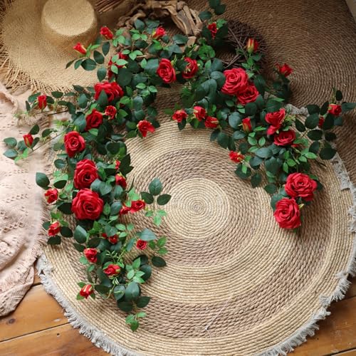5.9FT Bendable Rose Flower Garlands, Artificial Silk Wild Roses Vine Hanging Flowers for Wall Fireplace Fence Table centerpieces Trellis Wedding Indoor Outdoor Spring Decor (Red, 2) - color: Red, size: 2