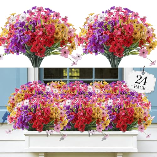 AGIRL 24 Bundles Artificial Flowers for Outdoor,Fake Flowers No Fade Plastic Faux Plants for Decoration Hanging Planters Outdoor&Indoor Garden Patio Porch Window Party Farmhouse - color: Mix 6 Colors, size: 24