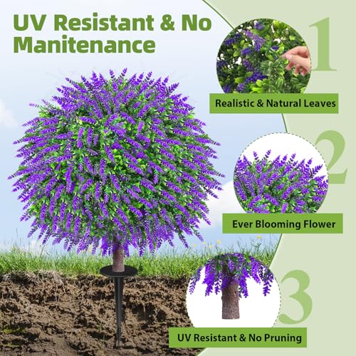 27.5" Artificial Lavender Boxwood Topiary Ball Trees, Set of 2 Fake Shrubs Bushes with Ground Spike, UV Resistant Faux Evergreen Tree for Front Porch Outdoor Garden Decor - color: Purple Lavender