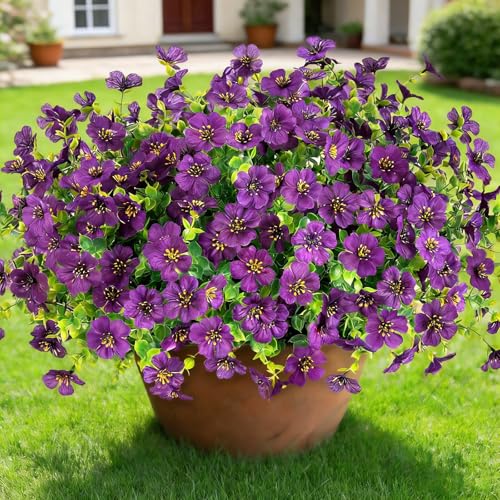 12 Bundles Artificial Flowers for Outdoor UV Resistant and Realistic, Faux Daisy Fake Flowers with Eucalyptus Leaves for Porch, Patio, Planter, Window Box, Home, Garden Decor - color: Purple