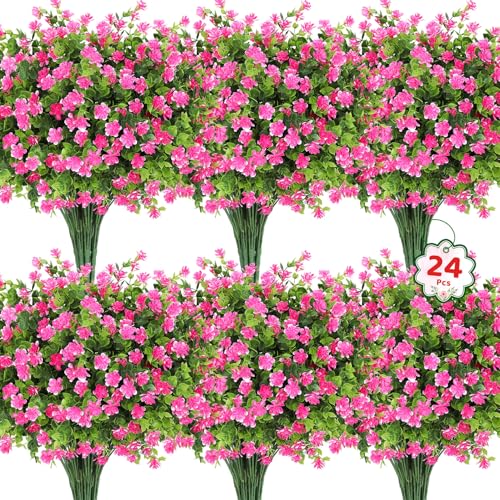 Roberly 24 Bundles Artificial Flowers for Outdoors, UV Resistant Eucalyptus Fake Flowers Shrubs Greenery Plastic Plants for Garden Porch Window Box Farmhouse Indoor Home Decor, Pink - color: Pink