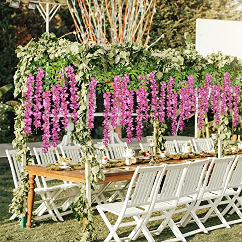 U'Artlines 24 Pack (Total 86.4 Feet) Artificial Fake Wisteria Vine Rattan Hanging Garland Silk Flowers String Home Party Wedding Decor (24, Purple Red) - color: Purple Red