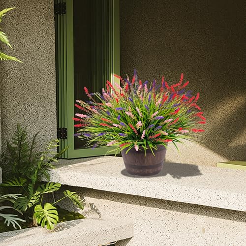 Artificial Faux Plants Flowers for Outdoor Decorations, Fake Monkey Grass for Outside Porch Patio, No Fade Realistic Greenery Plant, UV Resistant Artificial Bush Shrubs for Courtyard Window Garden - color: Red Pueple Pink, size: 12 Pcs