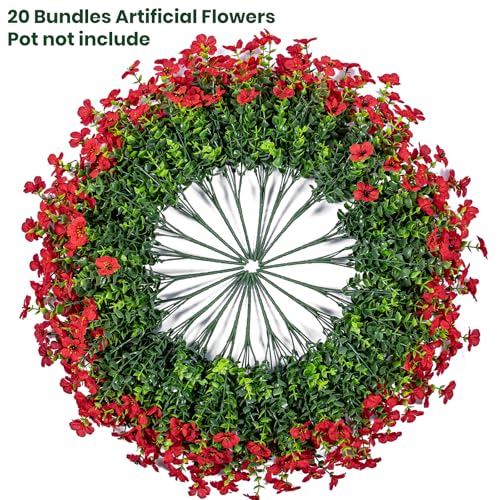 Lnoicy 20 Bundles Artificial Flowers for Outdoor Fake Plants for Spring Decoration,Faux Eucalyptus Flowers for Planter UV Resistant Lifelike for Home Porch Garden（Red） - color: Red
