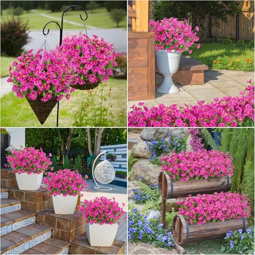 Bassion Artificial Flowers for Outdoors, 20 Bundles Silk Fake Flowers UV Resistant Realistic Morning Glory Faux Eucalyptus Plants for Outside Planters Porch Window Box Garden Indoor Decor - color: Fuchsia