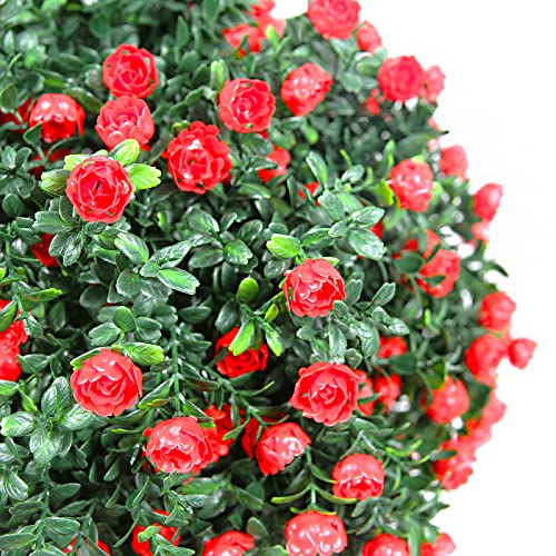 Sunnyglade 21.6” Tall Artificial Rose Topiary Ball Tree Set of 2 Pack Potted Bushes UV Resistant Potted Plants for Indoor Outdoor Home Garden(Red) - color: Red
