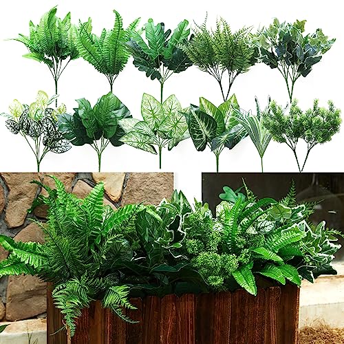 PARTY JOY 14 Bunches Fake Plants Outdoor, Fake Bushes UV Resistant Artificial Flowers Greenery Shrubs Faux Greenery for Outdoor Garden Patio Front Porch Yard Decor - color: Greenery