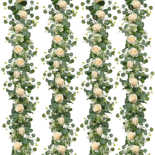 TOCHGREEN 4Pcs(26 Ft) Artificial Eucalyptus Flower Garland with Champagne Rose Flowers,Faux Rose Vine Gypsophila,Floral Greenery for Party Wedding Table Decor (Champagne, 4PCS) - color: Champagne, size: 4PCS