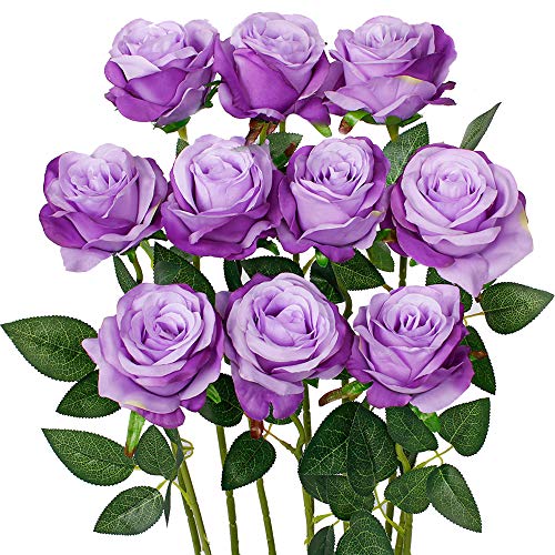 Luyue 10PCS Artificial Roses Flower with Stems Slik Fake Flowers Bouquet Realistic Long Stem Faux Rose for Valentines Day Wedding Home Decor - color: Light Purple