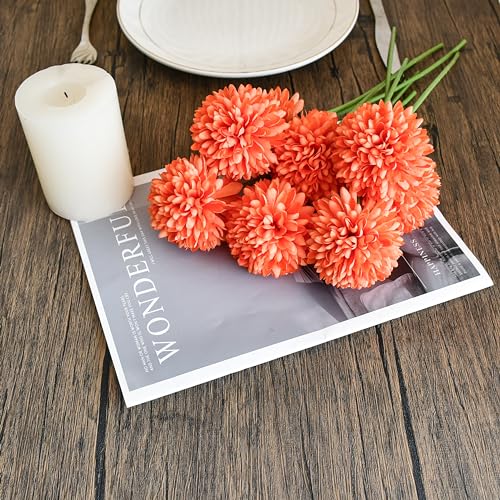 Mandy's 12pcs Artificial Coral Chrysanthemum | 11.8 inch Artificial Mums Flowers for Home Table Centerpiece Summer Decor Silk Flowers for Porch Patio and Wedding - color: Coral