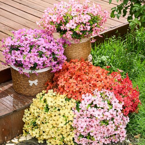 Artificial Flowers for Outdoors Patio Decoration 12 Bundles Fake Flower Cherry Blossom UV Resistant Faux Plants Yard Garden Porch Home Boxwood Patio Decor, Mix Pink Purple Yellow Orange Red Flower - color: B 6 Mix Colors Cherry Blossom 12pcs