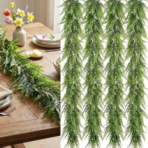 Yinder 4 Pack 6ft Artificial Greenery Garland Hanging Boston Fern Garlands Lifelike Leaf Green Fake Vines for Spring Summer Indoor Wall Mantel Home Decoration Wedding Arch Party Decor