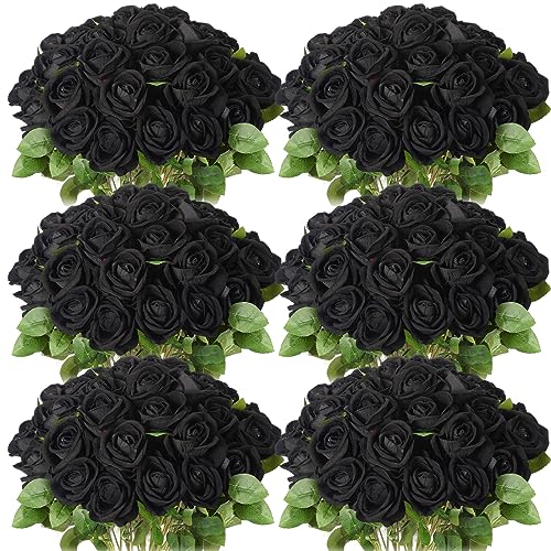 Jexine 50 Pcs Artificial Rose Flower Bulk Realistic Silk Fake Roses with Long Stem Plastic Artificial Flower Bouquet Real Looking for Home Wedding Centerpieces Party Decoration(Black) - color: Black