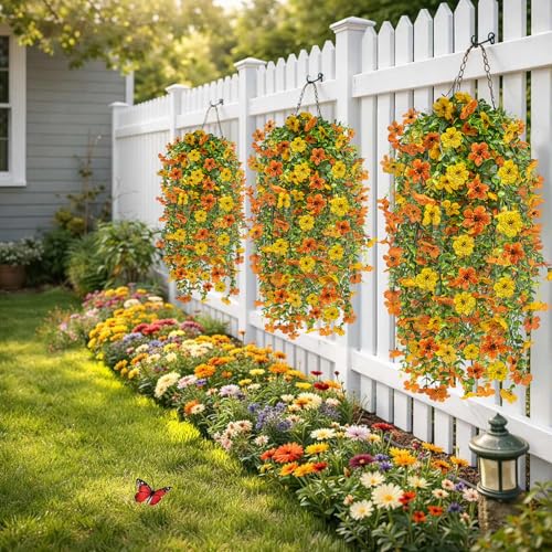 Artificial Hanging Flowers 4 Bundles UV Resistant Fake Flowers for Outdoor Decor Realistic Silk Flower Faux Plants for Patio Porch Garden Yard (Orange Yellow) - color: 4pcs Orange Yellow