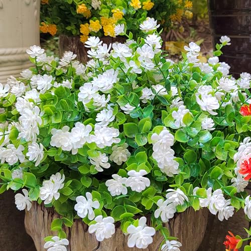 Grunyia 12 Bundles Artificial Flowers for Outdoors, UV Resistant Fake Flowers with Plastic Plants, Faux Flowers for Outside Window Box Front Porch Hanging Planter Decor (White) - color: White