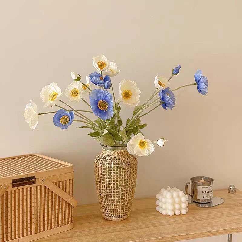 6pcs Artificial Poppy Flowers Silk Fake Poppy Flowers with Stems Faux Spring Flowers Real Touch Flowers for Home Table Centerpieces Floral Arrangement Wedding Bouquet Mixed Decoration - color: Blue-white