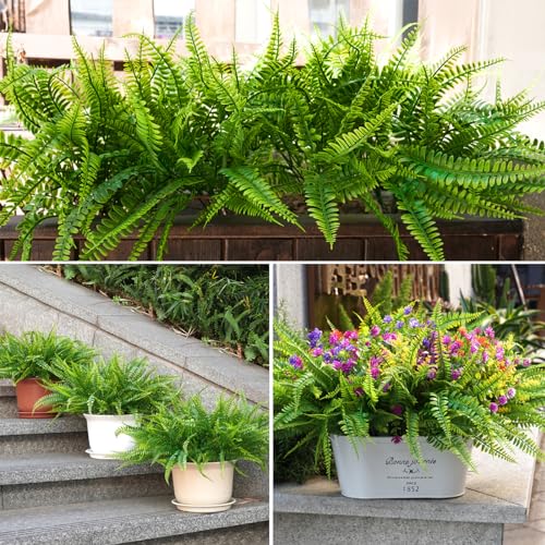 Ouddy Decor 12 Bundles Artificial Boston Ferns Artificial Plants Outdoor Greenery Stems Faux Shrubs UV Resistant for Garden Front Porch Table Window Box Home Decorations - color: Green, size: 12 Bundles