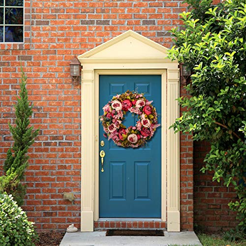 BOMAROLAN Artificial Peony Flower Wreath 19Inch Vintage Blooming Silk Peonies Spring Summer Fall Winter Large Wreaths Flower Green Leaves for Outdoor Front Door Indoor Wedding Wall Or Window Décor - color: Dark Pink