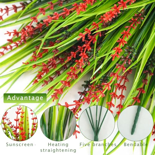 10 Pcs Artificial Plants Outdoor, UV Resistant Fake Outdoor Flowers Plants Faux Plastic Monkey Grass for Outside Front Porch Garden Window Box Home Office Planters Desk Decor (Red) - color: Red, size: 10pcs