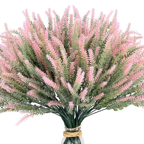 15 Bundles Artificial Lavender Outdoor Flowers Fake Plastic Flower Outside UV Resistant for Home Kitchen Garden Patio Porch Wedding Window Box Centerpieces Indoor Outdoor Decor(Pink) - color: Pink