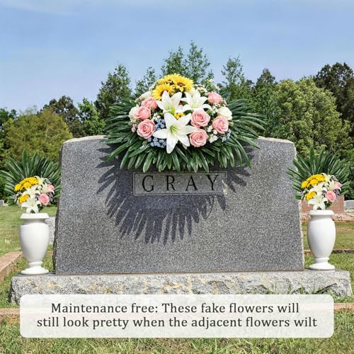 Lebaley 48 PCS Artificial Palm Leaves Cemetery Flowers - Faux Palm Fronds with Stems,Fake Greenery Stems Grave Decor,Palm Fronds for Cemetery Saddles,Memorial Day,Veterans Day,Independence Day - size: 48pcs