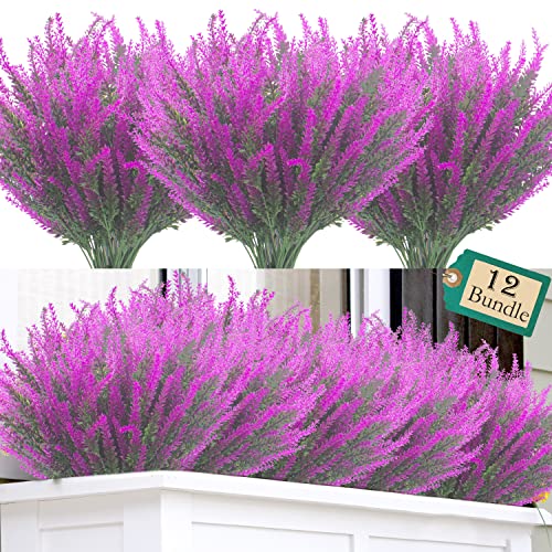 Grunyia 12 Bundles Artificial Lavender Flowers Outdoor UV Resistant Fake Flowers Faux Plastic Plants Garden Porch Window Box Decorating (Purple)
